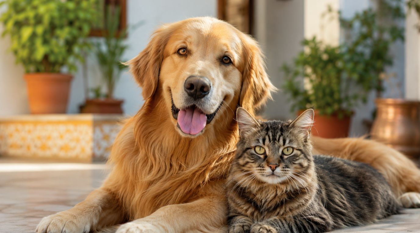 A dog and a cat sharing a cozy sofa together indoors